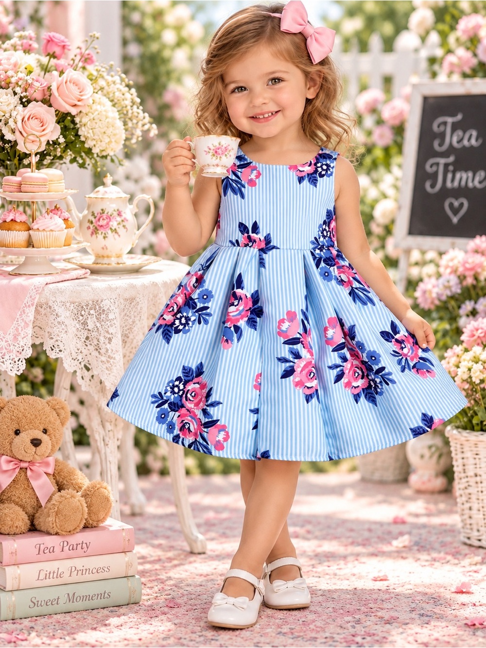 Cynthia Rowley Girls 24M Blue Floral Striped Bow Back Party Dress Toddler